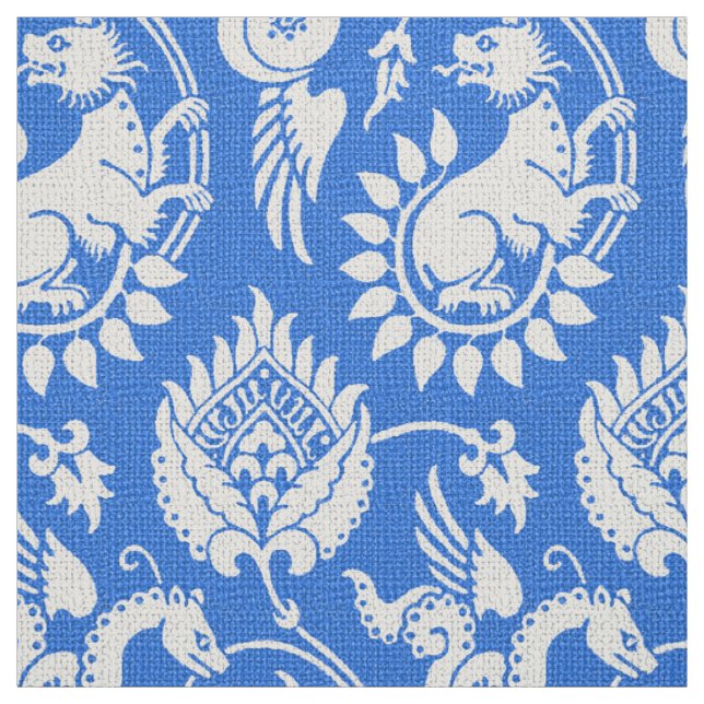 Tecido Damasco com Serpentes Alas, Branco em Azul Médio (Modelo)