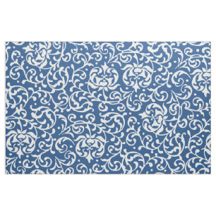 Tecido Damasco floral azul e branco do renascimento