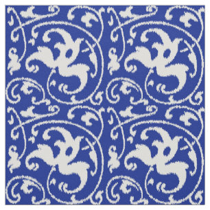 Tecido Damasco floral de Ikat - azuis cobaltos e branco