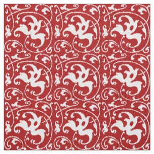 Tecido Damasco floral de Ikat - obscuridade - vermelho e