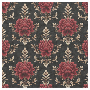 Tecido Damasco Floral vermelho e marfim em preto