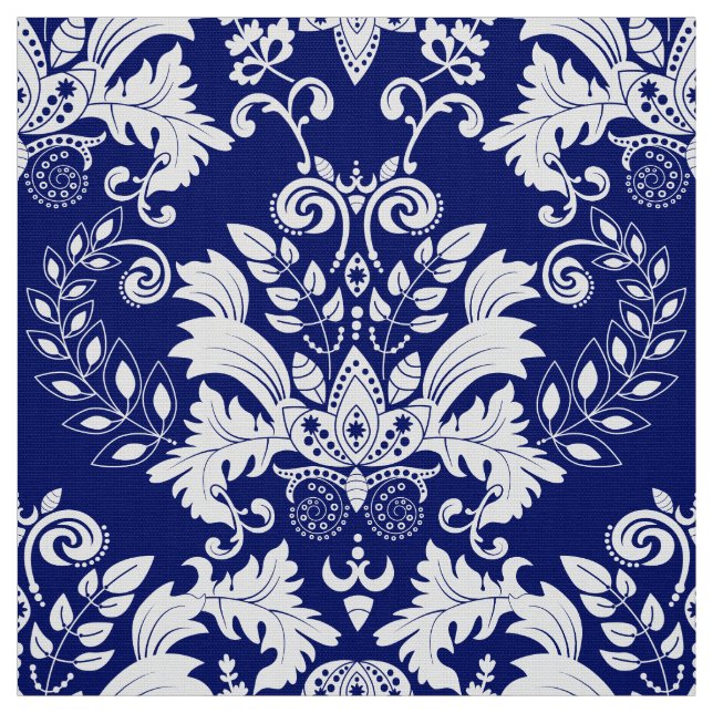 Tecido Damascos Florais De Ornamentado Branco E Azul (Modelo)