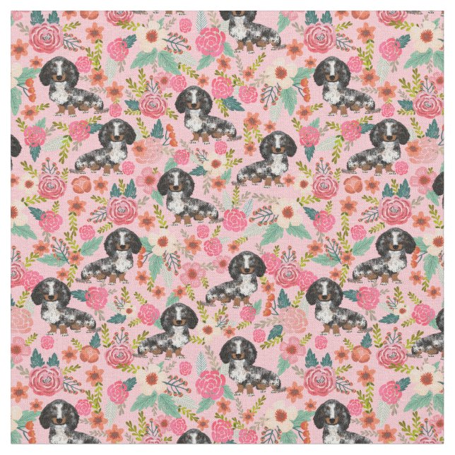 Tecido Dapple Dachshund florals rosa (Detalhe)