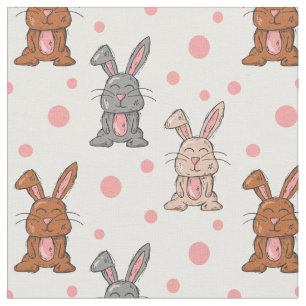 Tecido de coelhos coelhinhos e pontos cor-de-rosa 