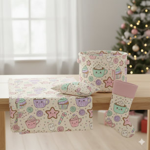 Tecido de Doces de Natal Kawaii & Cacau Quente