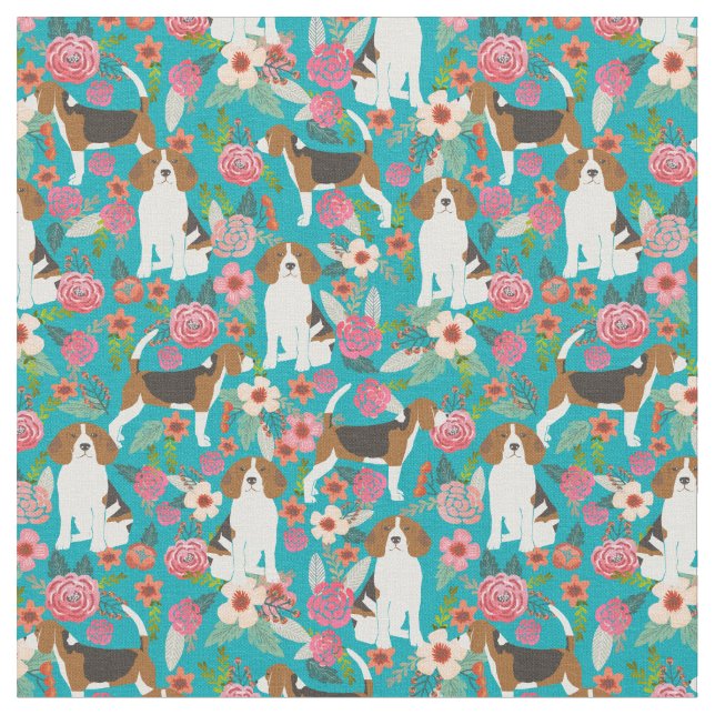Tecido de Flores de Beagles - Turquesa (Detalhe)