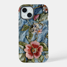 Tecido de Jeans Floral com Joias Bordadas