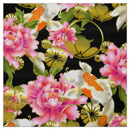 Tecido de padrão japonês com Koi, flores e mon