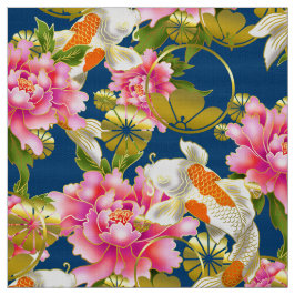 Tecido de padrão japonês com Koi, flores e mon
