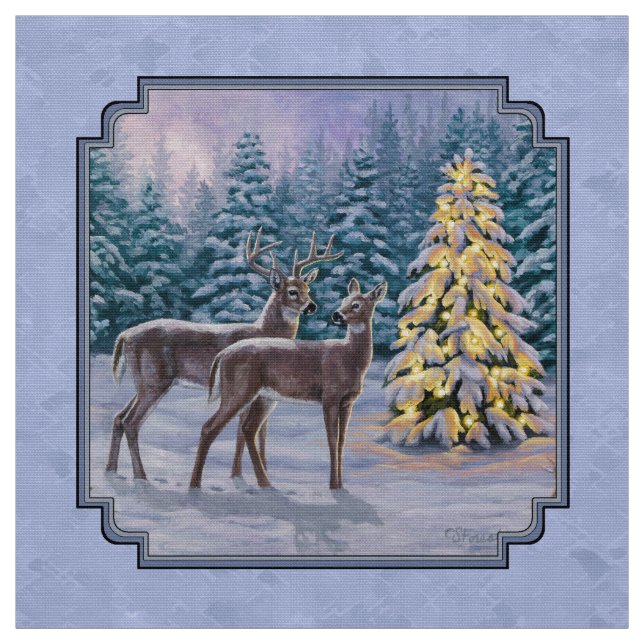 Tecido Deer e Árvore de Natal Blue (Modelo)