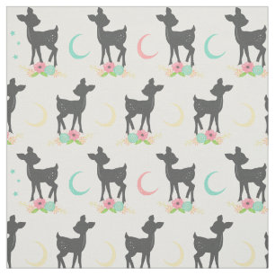 Tecido Deer Pattern, Baby Deer, Boho, Flores, Lua