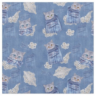 Tecido Denim Jeans com Gatinhos e Repetições de rendas
