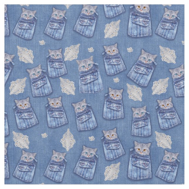 Tecido Denim texturizou Kitten Fun Repete (Detalhe)