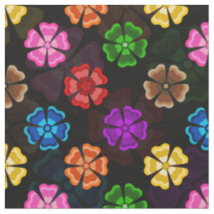 Tecido Desenho de Flores Arco-íris Colorido Retro Preto