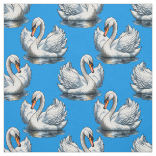 Tecido Desenho de padrão de aves cisnes em azul 