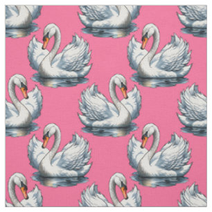 Tecido Desenho de padrão de aves cisnes em rosa