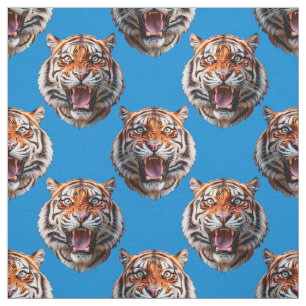 Tecido Desenho de padrão de cabeça de tigre azul