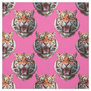 Tecido Desenho de padrão de cabeça de tigre rosa