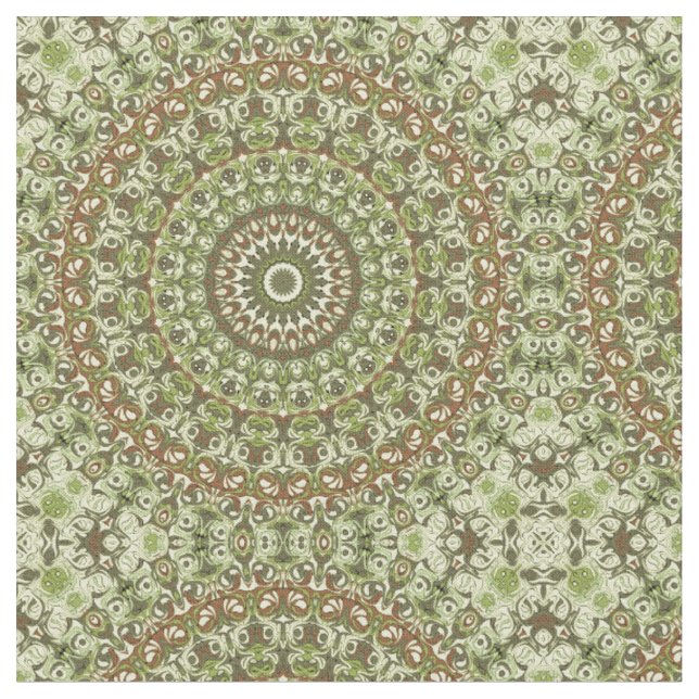 Tecido Desenho de Padrão de Mandala Verde Terroso e Marro (Detalhe)