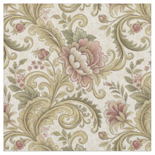 Tecido Desenho Floral Vintage Verde e Pêssego em estilo D