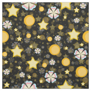 Tecido Desenho Preto Flores Estrelas Sol Brilho