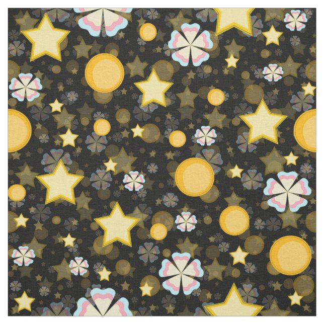 Tecido Desenho Preto Flores Estrelas Sol Brilho  (Modelo)