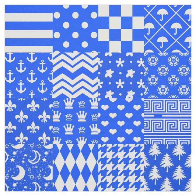 Tecido Design de Correção de Padrões Mistos Branco Azul (Modelo)