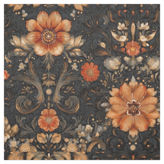 Tecido Design de Padrão de Brocade Floral Laranja e Preto (Modelo)