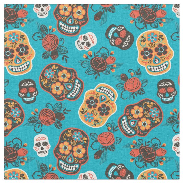 Tecido Dia dos Padrões Mortos Azul e Laranja (Detalhe)