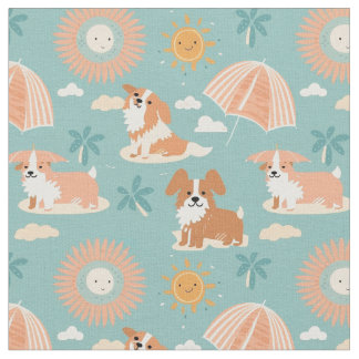 Tecido Dias de Verão Pastel na praia com os Doggos
