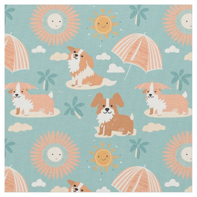 Tecido Dias de Verão Pastel na praia com os Doggos (Detalhe)