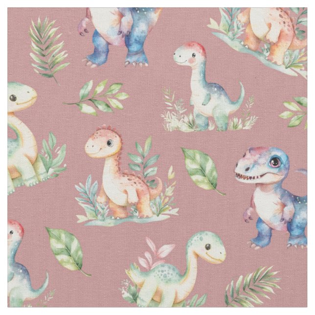 Tecido Dinossauros de Aquarela a Rosa Rosa Escuro (Detalhe)