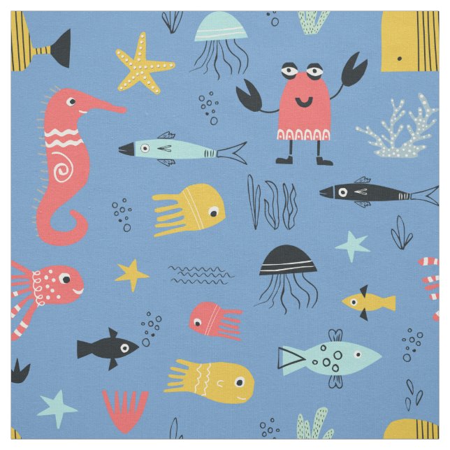Tecido Diversão sob o mar de lindos cartoons oceânicos (Modelo)