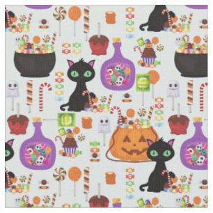 Tecido doces de halloween gato preto doces maçãs caramela