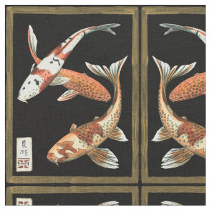 Tecido Dois japoneses, Koi Goldfish, em preto