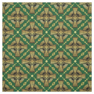 Tecido Dourada cruz-celta/design de nó trançado verde
