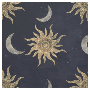 Tecido Dourada Lua Sun Mandala Blue Night Sky Padrão