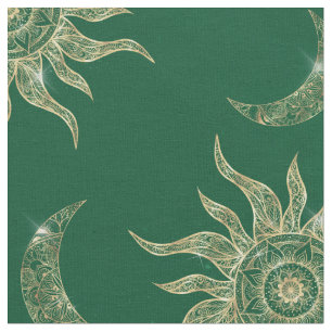 Tecido Dourada Lua Sun Mandala Padrão Verde