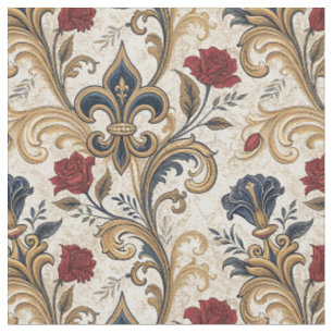 Tecido Dourado Barroco Fleur-de-Lis & Rosas Floral Damásc
