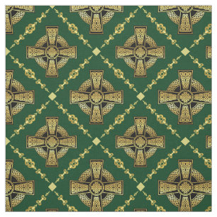 Tecido Dourado design verde-de cruz-celta