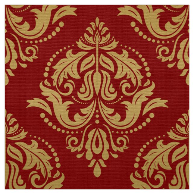 Tecido Dourado e Borgonha Vermelha Ornamentado Floral (Modelo)