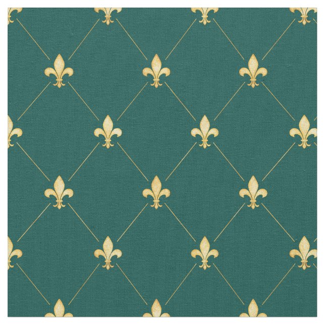 Tecido Dourado Fleur-de-Lis (pequena escala) Verde Teal (Detalhe)