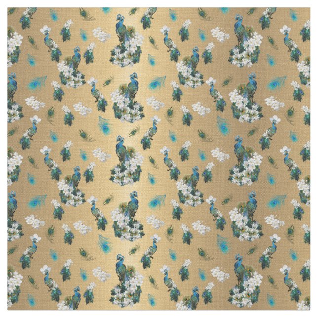 Tecido Dourado - Penas de Peacock Executando Impressão (Detalhe)