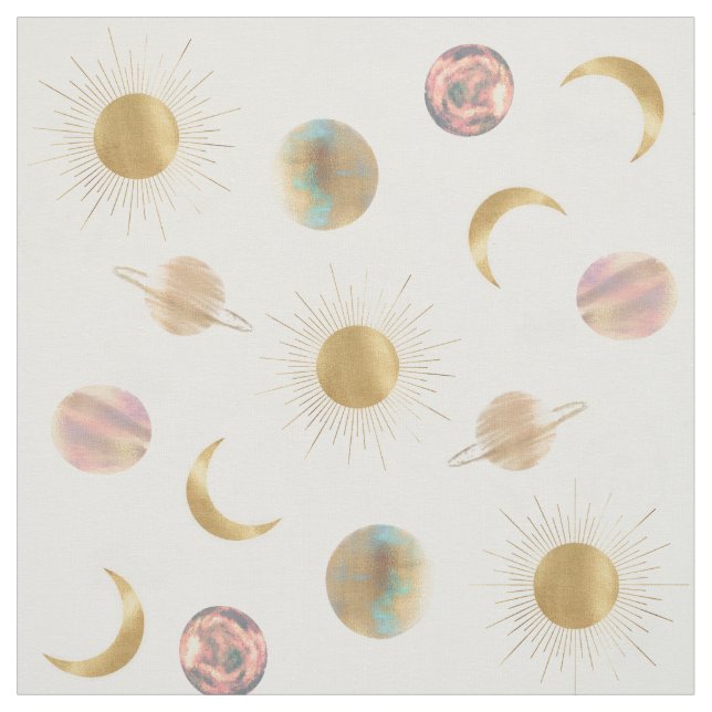 Tecido Dourado Sun Moon Planets Space Ilustração Branca (Modelo)