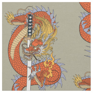 Tecido Dragão japonês com espada katana 