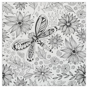 Tecido Dragonfly e flores rabisco