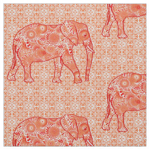 Tecido Elefante da flor da mandala - alaranjado e branco