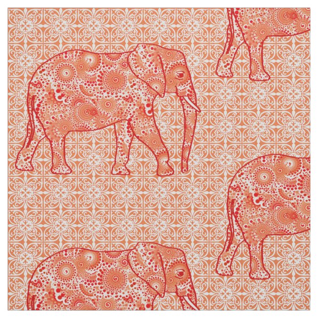 Tecido Elefante da flor da mandala - alaranjado e branco (Modelo)