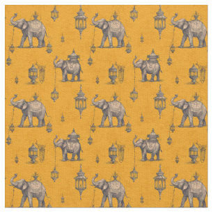 Tecido Elefante Diwali em Campo Dourado Toile de Jouy