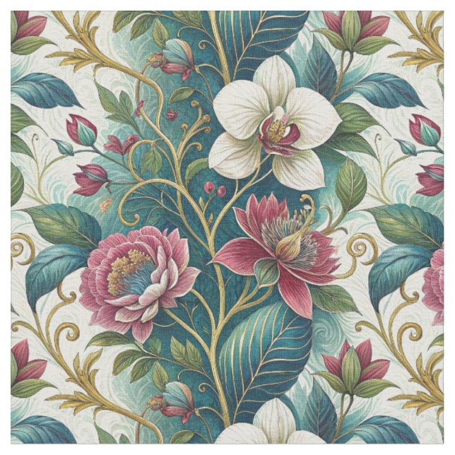 Tecido Elegante padrão artístico floral botânico com rede (Detalhe)